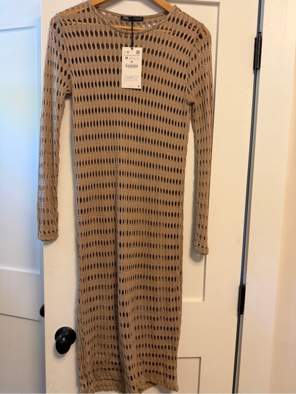 Zara Tan Open-Knit Long Sleeve Midi Dress